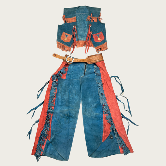 (XS/S) Genuine Suede Teal and Orange Western Vest and Chaps Set
