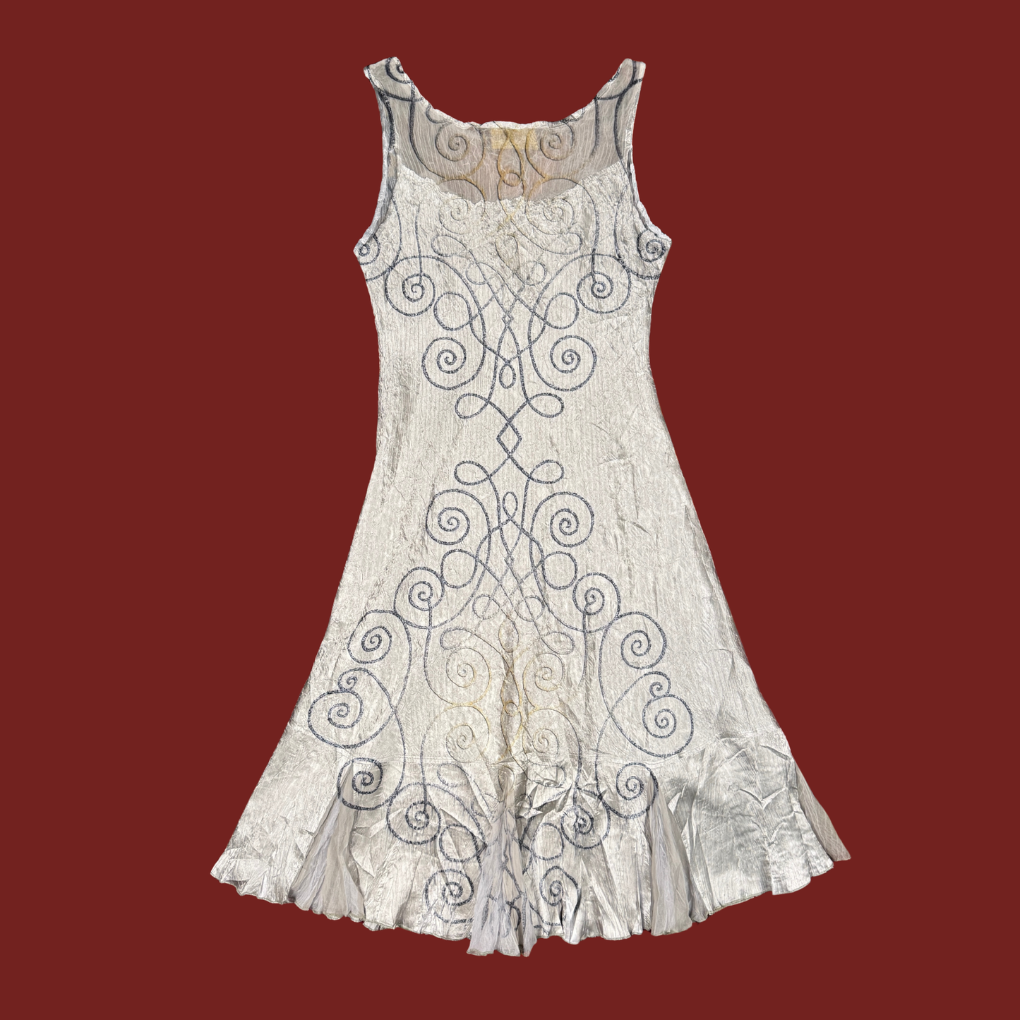 (S/M) Barcelino Silver Swirl Plisse Midi Dress