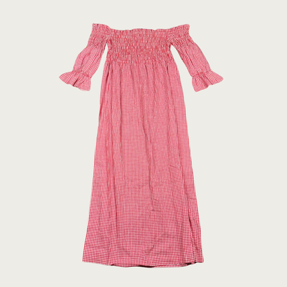 (M/L) Red Gingham Off The Shoulder Maxi Dress