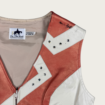 (M/L) 80s/90s Orange/Cream Western Bedazzled Leather Vest