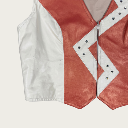 (M/L) 80s/90s Orange/Cream Western Bedazzled Leather Vest