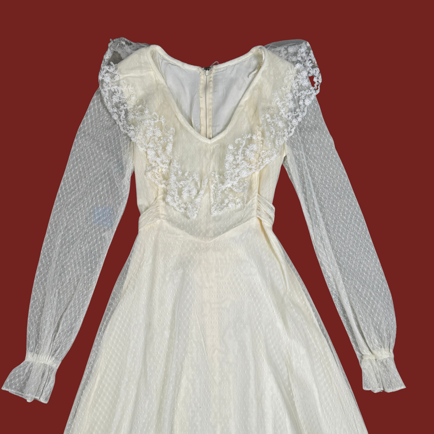 (S) 70s White Lace/Mesh Prairie Maxi Dress