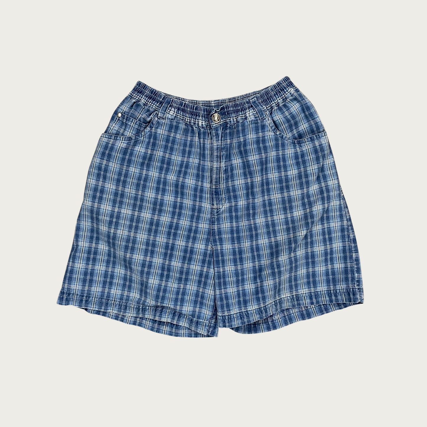 (M) Blue Plaid High Waisted Cotton Shorts