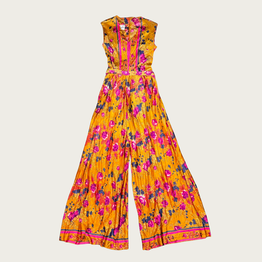 (S) 60s/70s Orange Floral Bell Bottom Jumpsuit