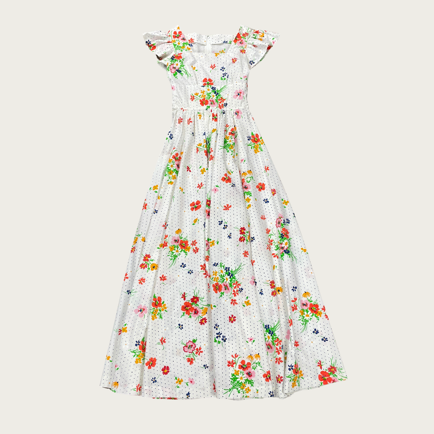 (S) 70s Multicolor Floral Polka Dot Maxi Dress