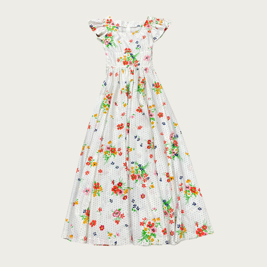 (S) 70s Multicolor Floral Polka Dot Maxi Dress