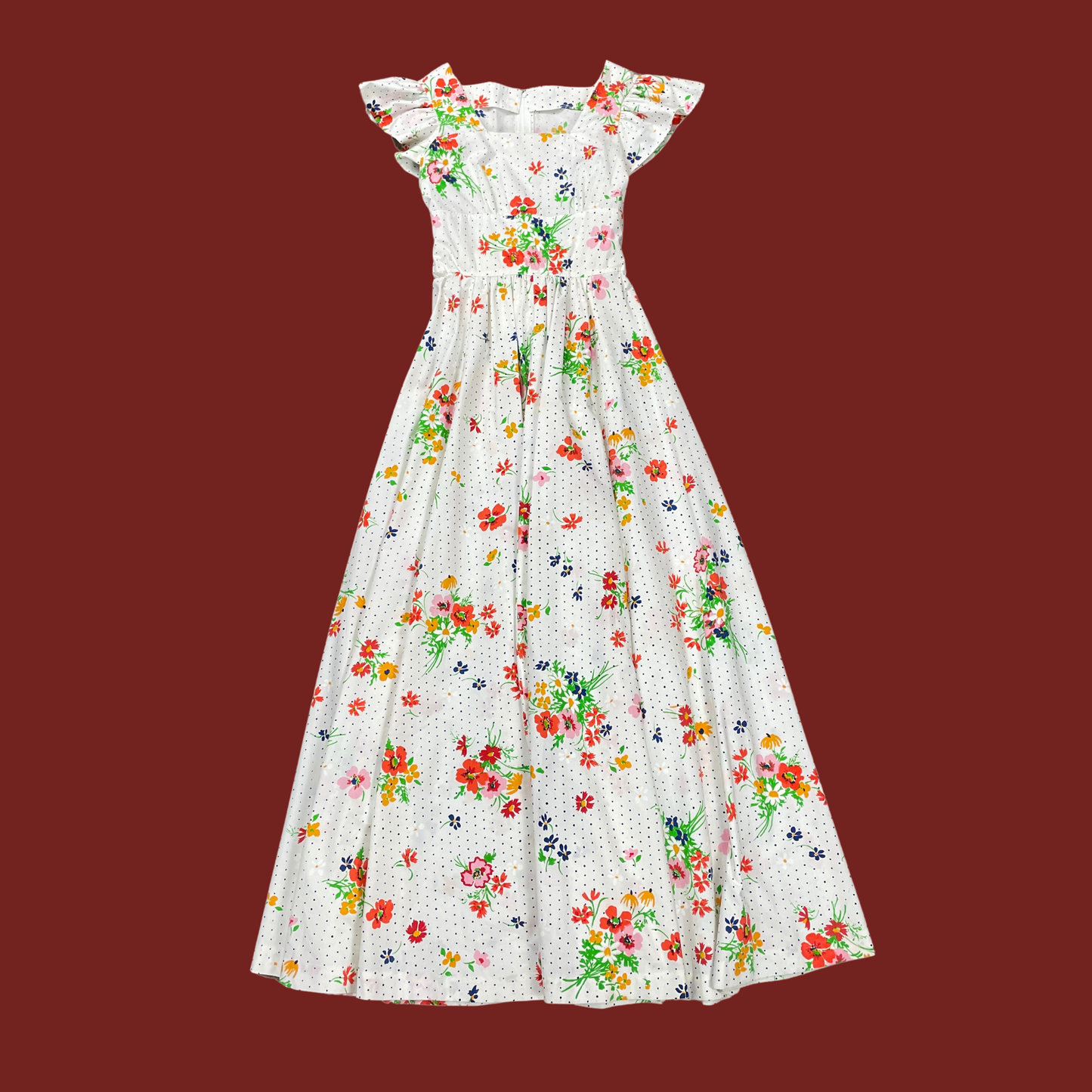 (S) 70s Multicolor Floral Polka Dot Maxi Dress