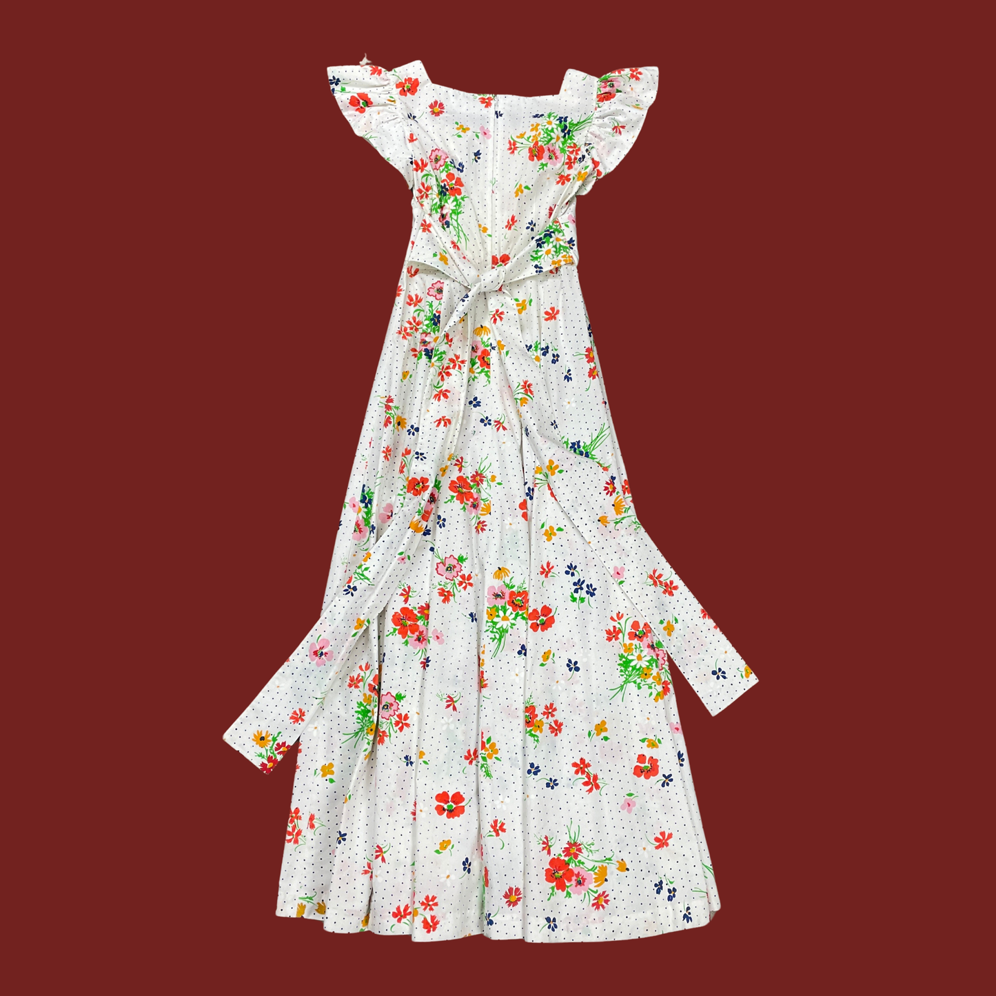 (S) 70s Multicolor Floral Polka Dot Maxi Dress