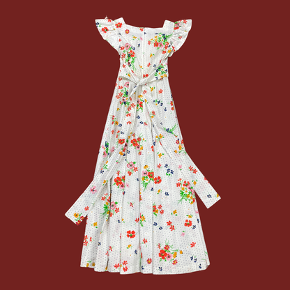 (S) 70s Multicolor Floral Polka Dot Maxi Dress