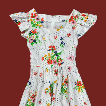 (S) 70s Multicolor Floral Polka Dot Maxi Dress
