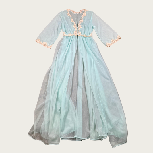 (S/M) 60s/70s Pastel Mint Blue Lace Trim Peignoir