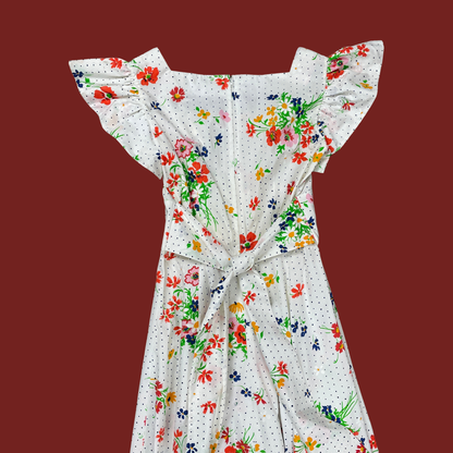 (S) 70s Multicolor Floral Polka Dot Maxi Dress
