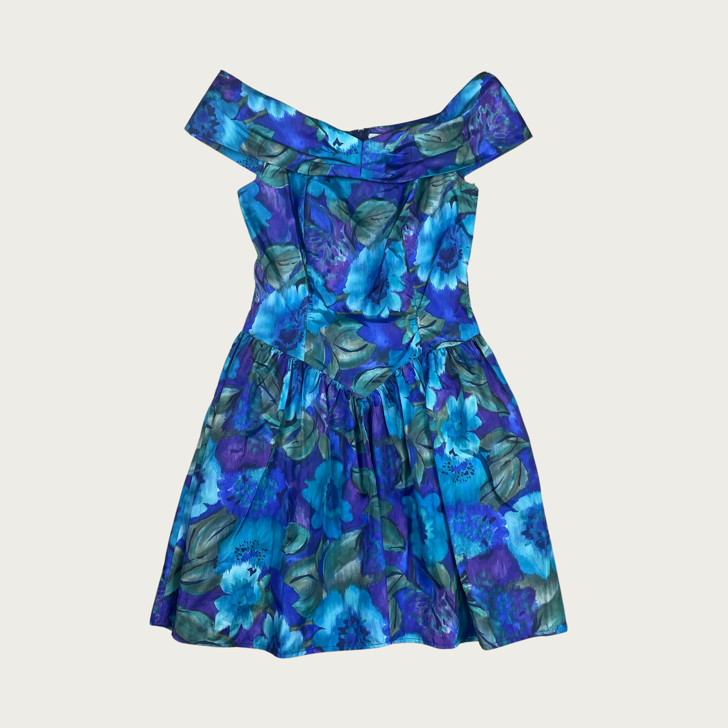 (M) 80s Drop Waist Blue/Green Watercolor Floral Dress