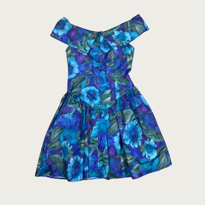 (M) 80s Drop Waist Blue/Green Watercolor Floral Dress
