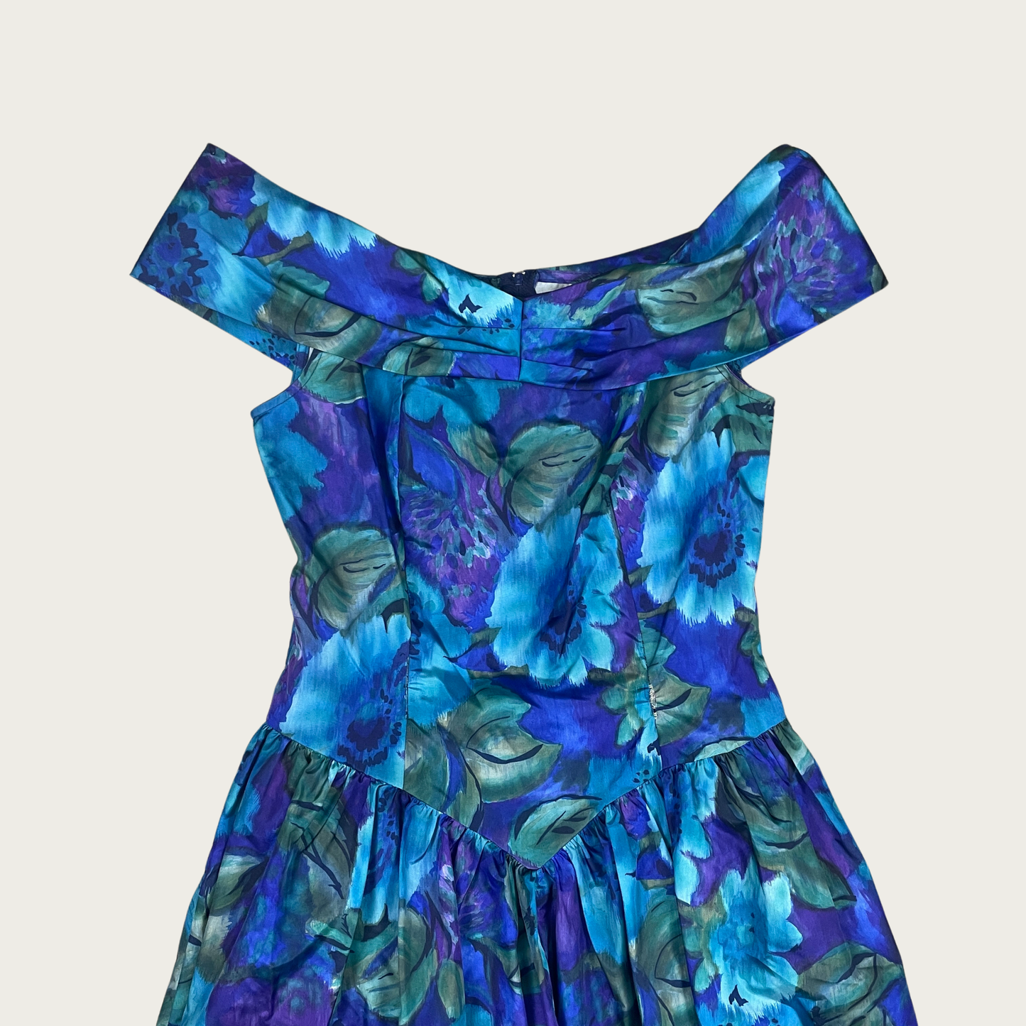 (M) 80s Drop Waist Blue/Green Watercolor Floral Dress