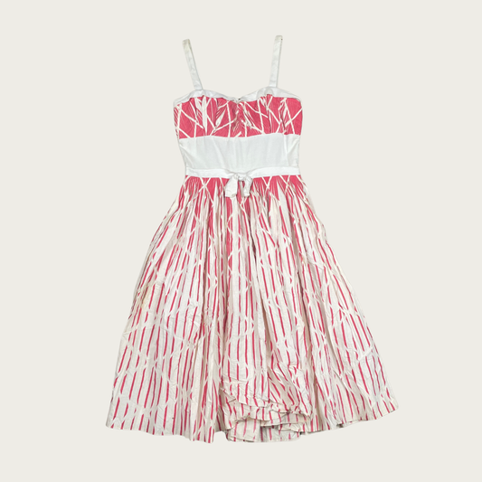 (M) 50s/60s Red/White Criss Cross Pattern Midi Dress