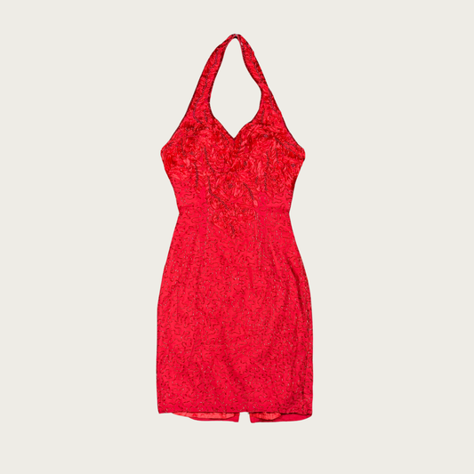 (XS) 90s/Y2K Red Silk Beaded Halter Mini Dress