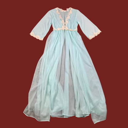 (S/M) 60s/70s Pastel Mint Blue Lace Trim Peignoir