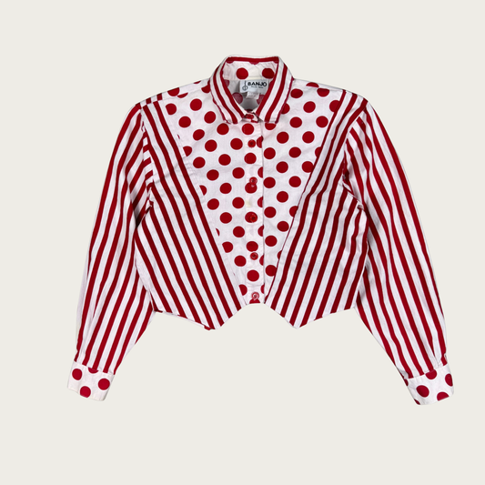 (M) 80s Red/White Polka Dot Striped Cropped Shirt