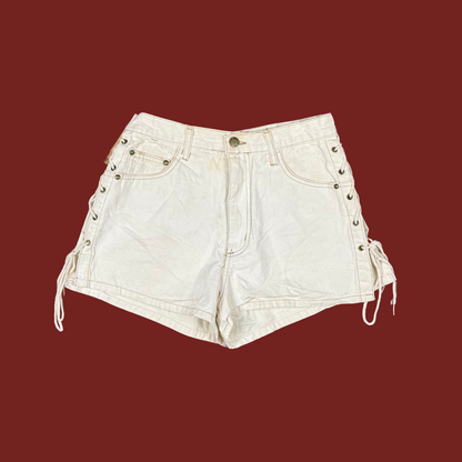 (26") 90s/Y2K Cream Lace Up Denim Shorts