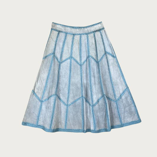 (27") Light Blue Genuine Suede Patchwork Vintage Midi Skirt