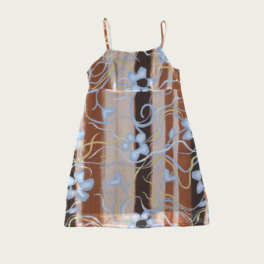 (S) Brown Striped Abstract Floral Mini Dress