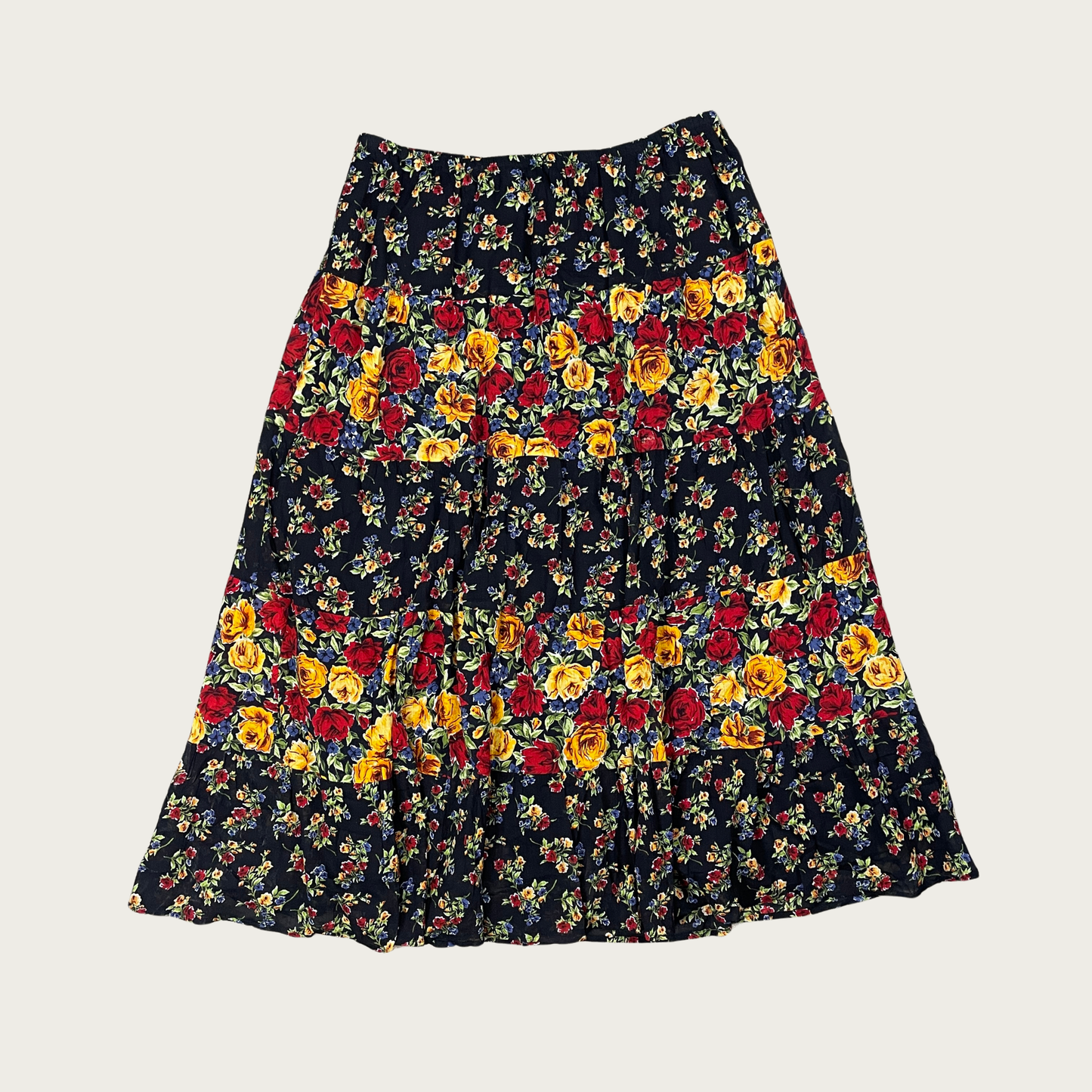 (L) Multicolor Floral Tiered Cotton Maxi Skirt
