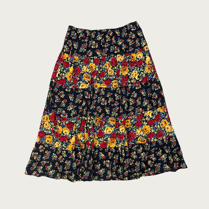 (L) Multicolor Floral Tiered Cotton Maxi Skirt