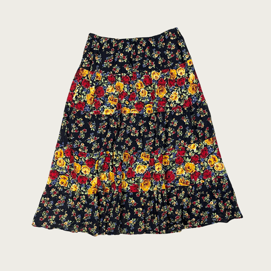 (L) Multicolor Floral Tiered Cotton Maxi Skirt