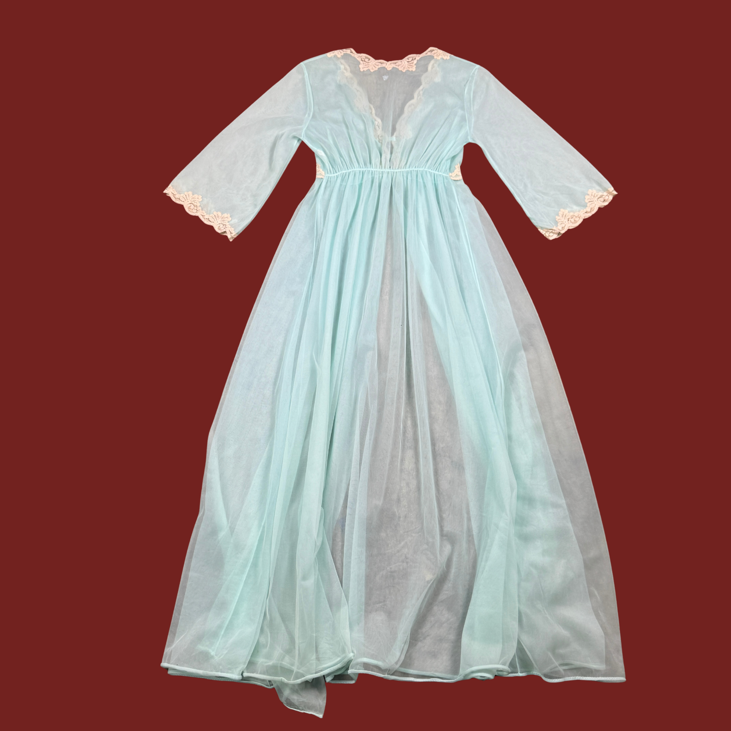 (S/M) 60s/70s Pastel Mint Blue Lace Trim Peignoir