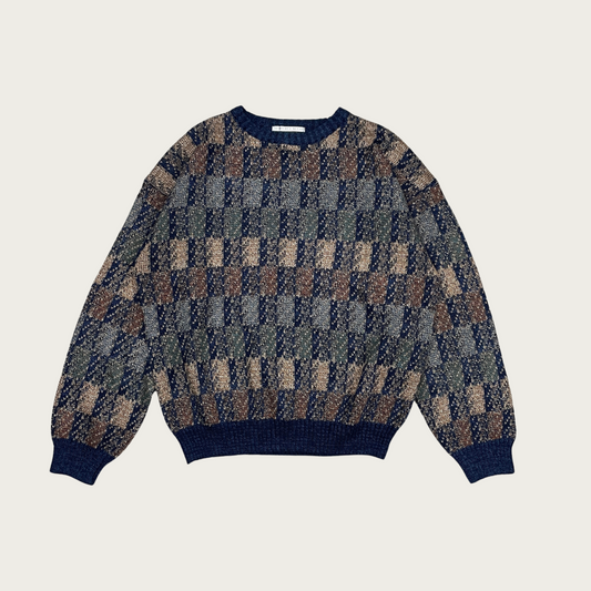 (L) Navy Blue Checkered Knit Sweater