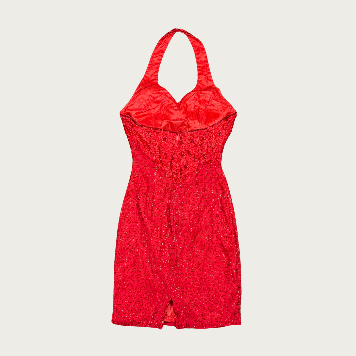 (XS) 90s/Y2K Red Silk Beaded Halter Mini Dress