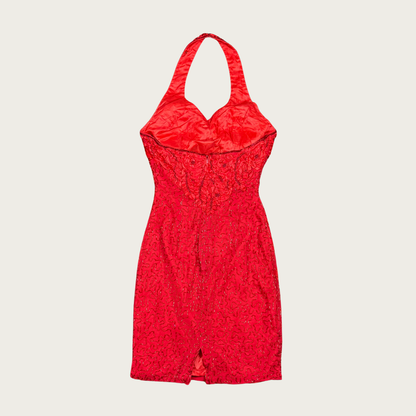 (XS) 90s/Y2K Red Silk Beaded Halter Mini Dress