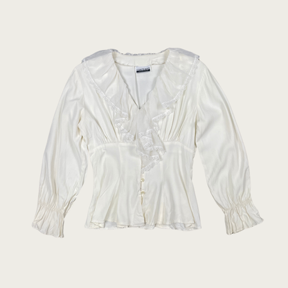 (M) 90s/Y2K White Ruffle Lace Trim Blouse