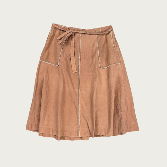 (26") 70s Tan Contrast Stitch Midi Wrap Skirt