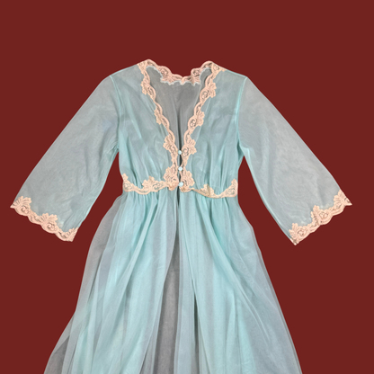 (S/M) 60s/70s Pastel Mint Blue Lace Trim Peignoir