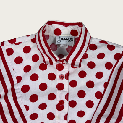 (M) 80s Red/White Polka Dot Striped Cropped Shirt