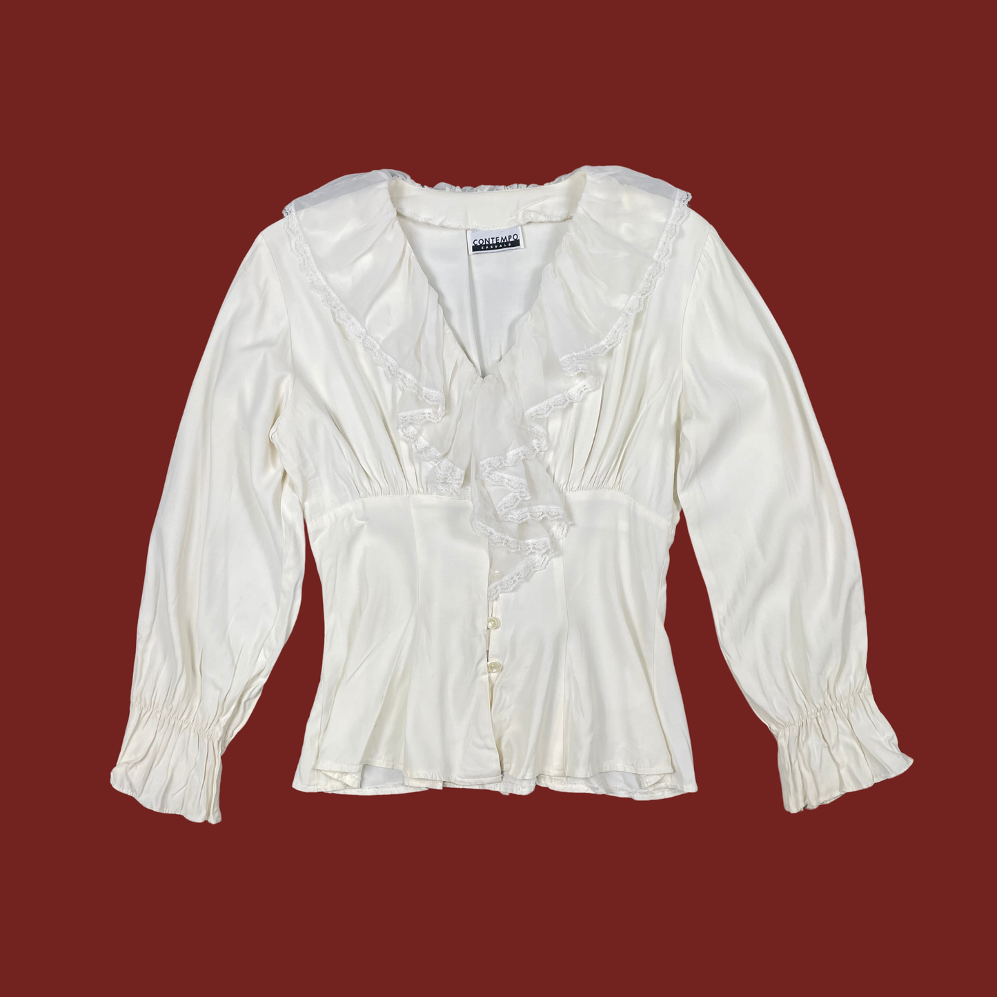 (M) 90s/Y2K White Ruffle Lace Trim Blouse