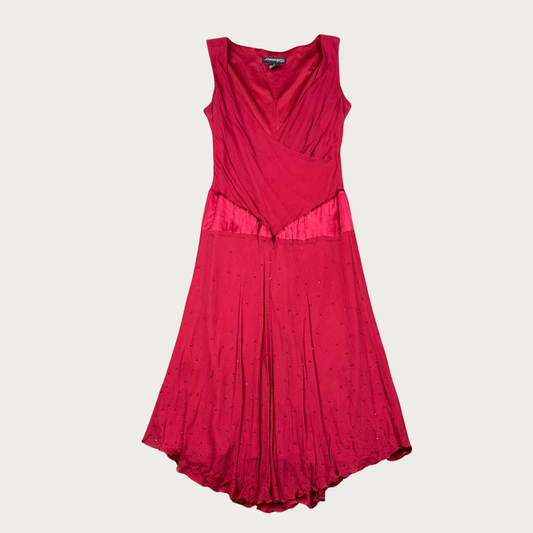 (S/M) 90s/Y2K Red Silk Beaded Midi Dress