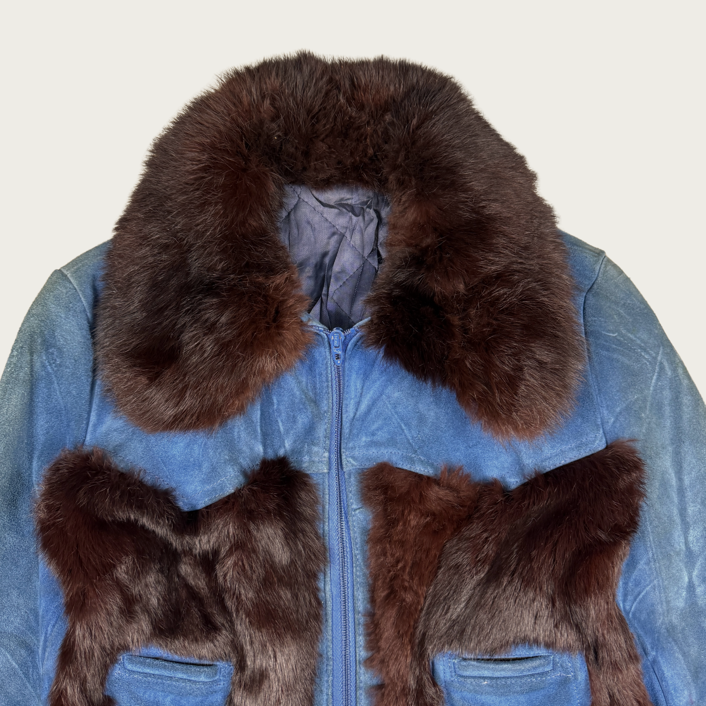 (XS/S) 60s/70s Blue Suede and Brown Fur Paneled Jacket