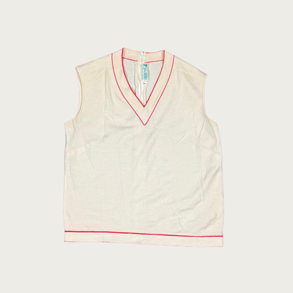 (M) 60s/70s Cream/Red V Neck Knit Top