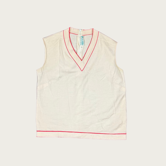 (M) 60s/70s Cream/Red V Neck Knit Top