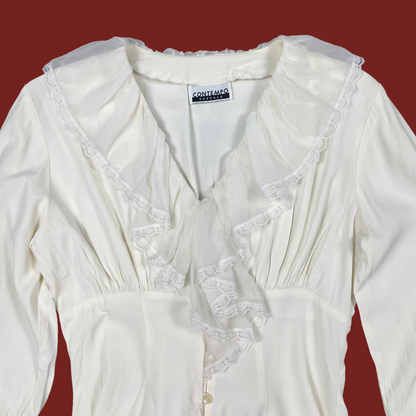 (M) 90s/Y2K White Ruffle Lace Trim Blouse