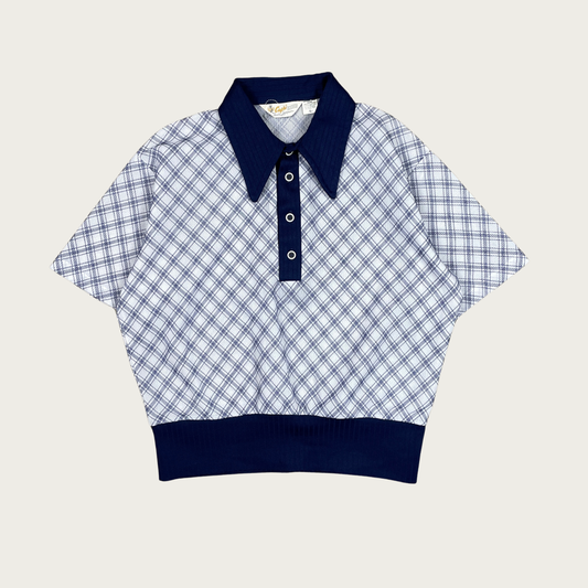 (L) 70s Pointed Collar Navy Blue Plaid Polo