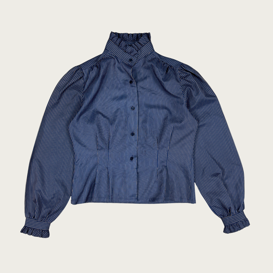 (M/L) Y2K Navy/Beige Striped Ruffle Blouse