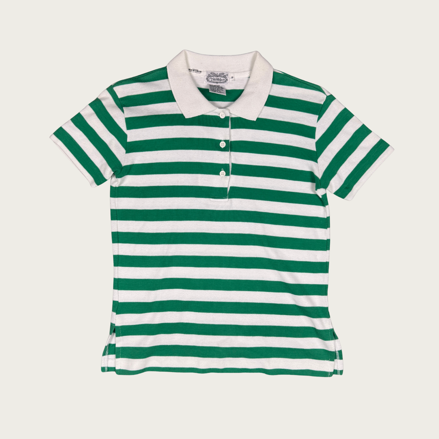 (S/M) 80s/90s Green/White Striped Polo Top