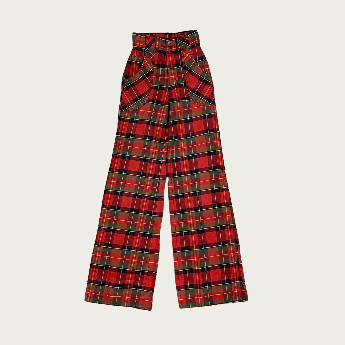 (22") 70s Red and Green Plaid Bell Bottoms