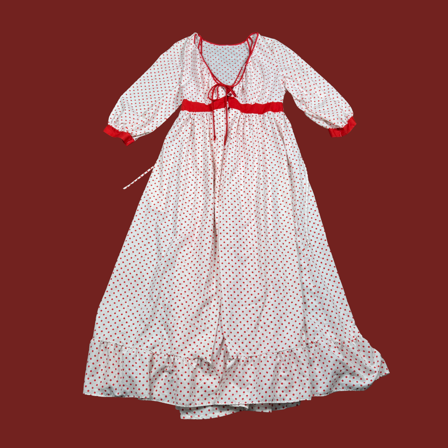 (S) 70s/80s Red/White Polka Dot Cotton Maxi Slip and Robe Set