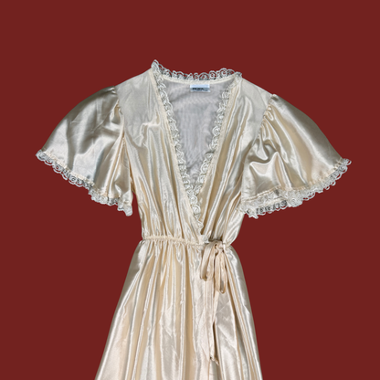 (XS/S) 80s Champagne Satin/Lace Wrap Maxi Slip Dress