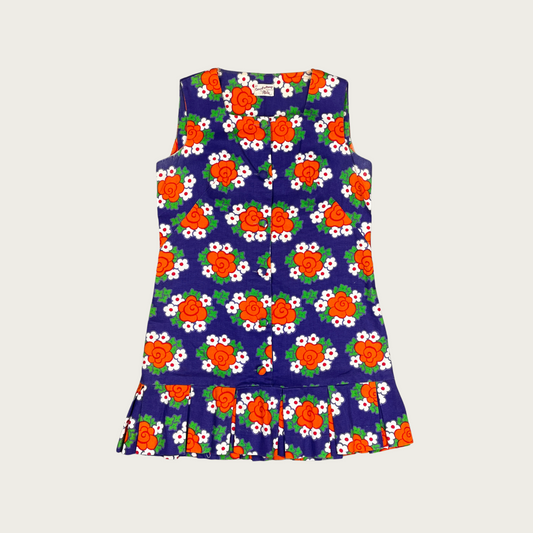 (L) 60s Drop Waist Floral Pleated Mini Dress